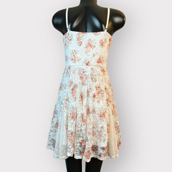 Lily Rose NWOT Mini Dress Womens S Juniors M Floral Lace Cream White Coral Teal - Picture 3 of 9